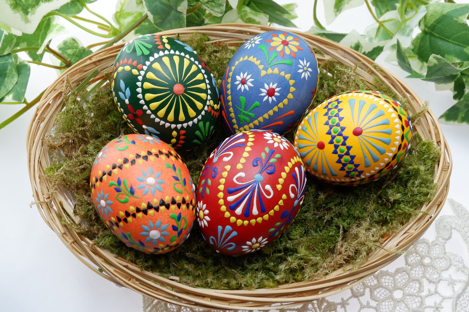 A basket of intricately colored Easter eggs