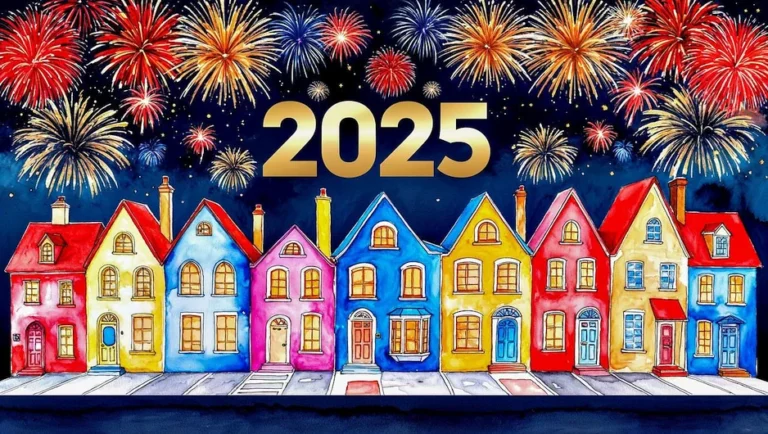 Happy New Year 2025 with fireworks over houses, generated by AI by Nicky Pe